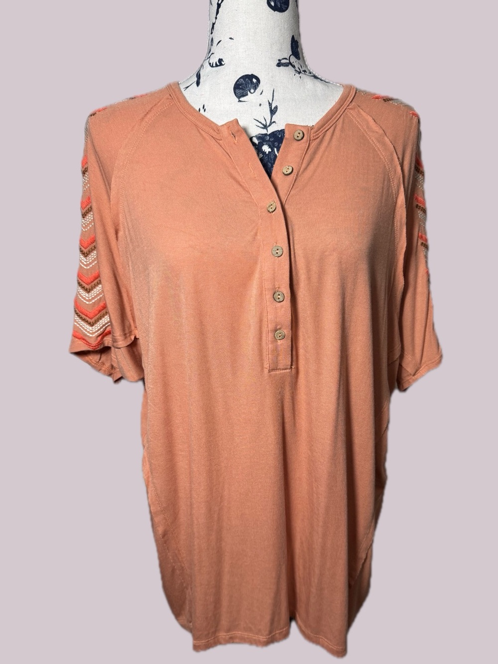Heyson Relaxed Henley Tee with Chevron Crochet Sleeves - Peach